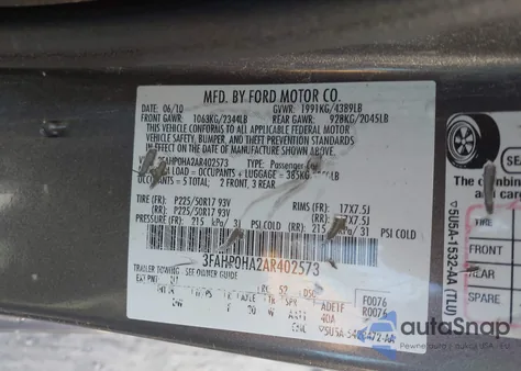 2010 Ford Fusion Se z USA, uszkodzony, nr VIN 3FAHP0HA2AR402573